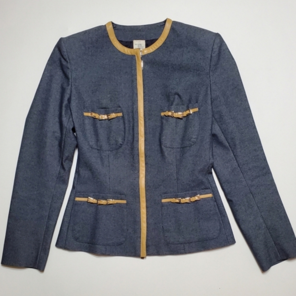 Demin Tailored Fitted Jacket Trimmed in Italian Leather Made In Italy Size 6